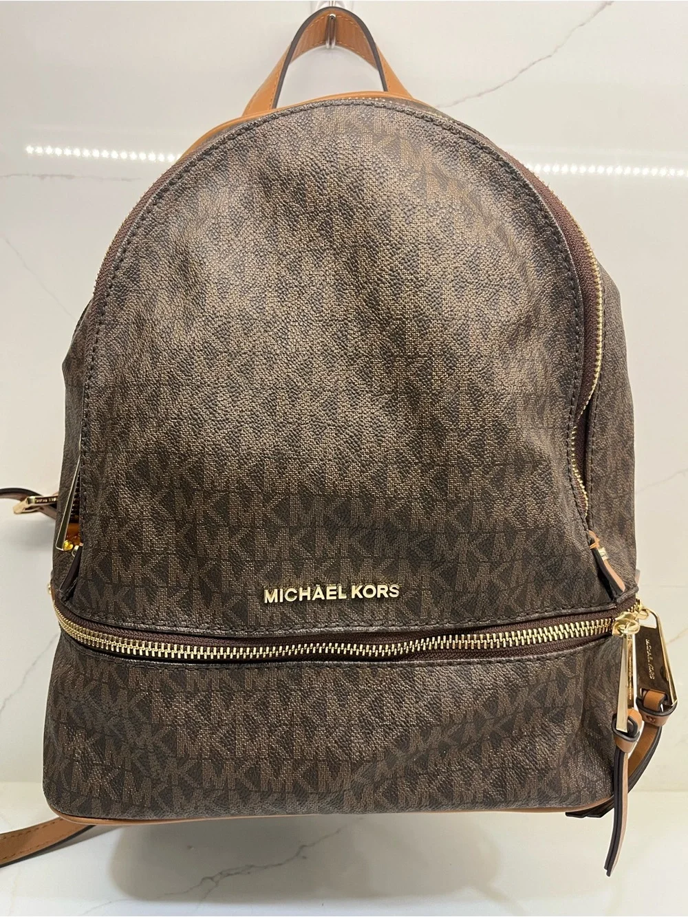 Michael Kors Brown MK Signature Logo Backpack Tan Gold Hardware